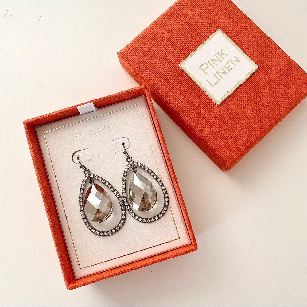 3/$20 Holiday Gift Box Gunmetal Rhinestones Faceted Jewel Teardrop Earrings